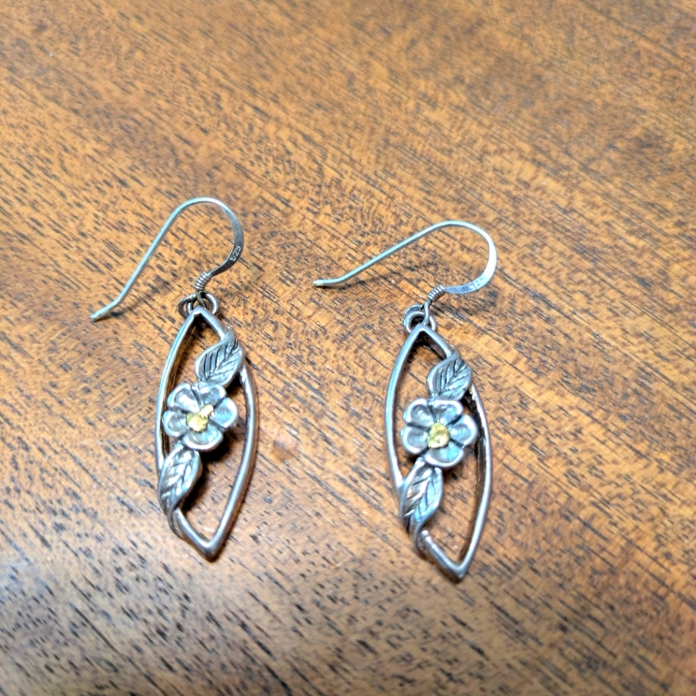 Sterling Silver & Gold Plumeria Flower Earrings.